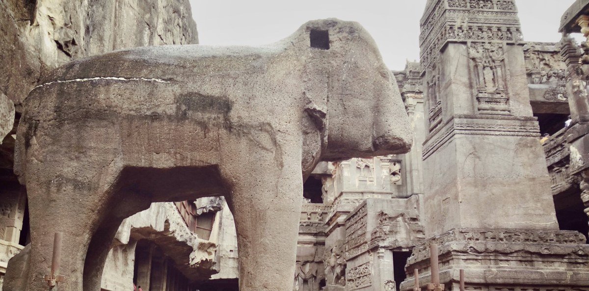 Elephant sculpture detail at Kailasa temple, Ellora